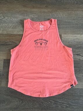 (12) Under Armour Coral-Pink Sleeveless Gym Tank with Iron Paradise Graphic